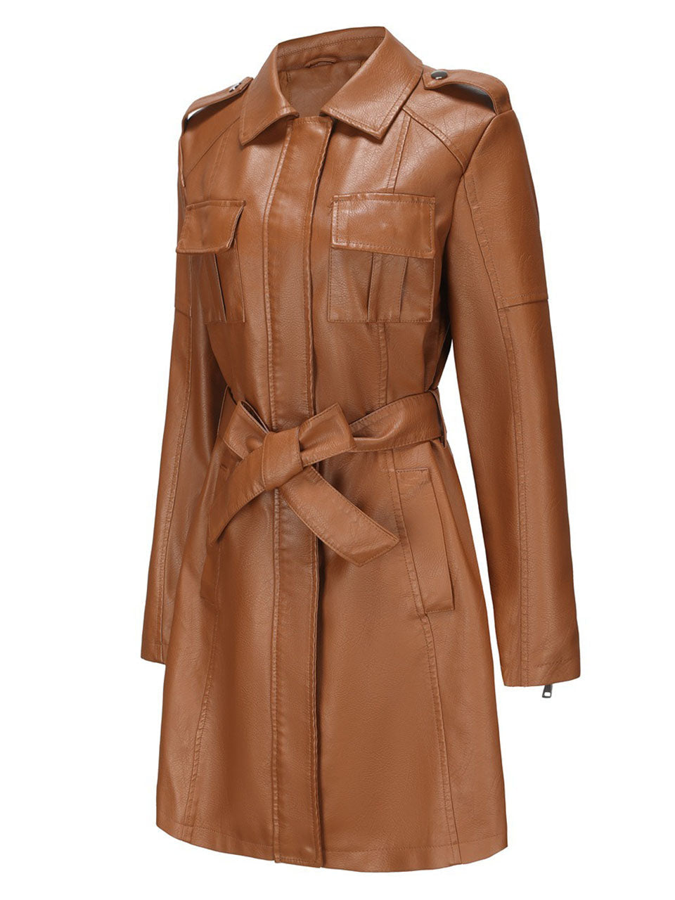 Black Faux PU Leather Trench Mid-Length Coat