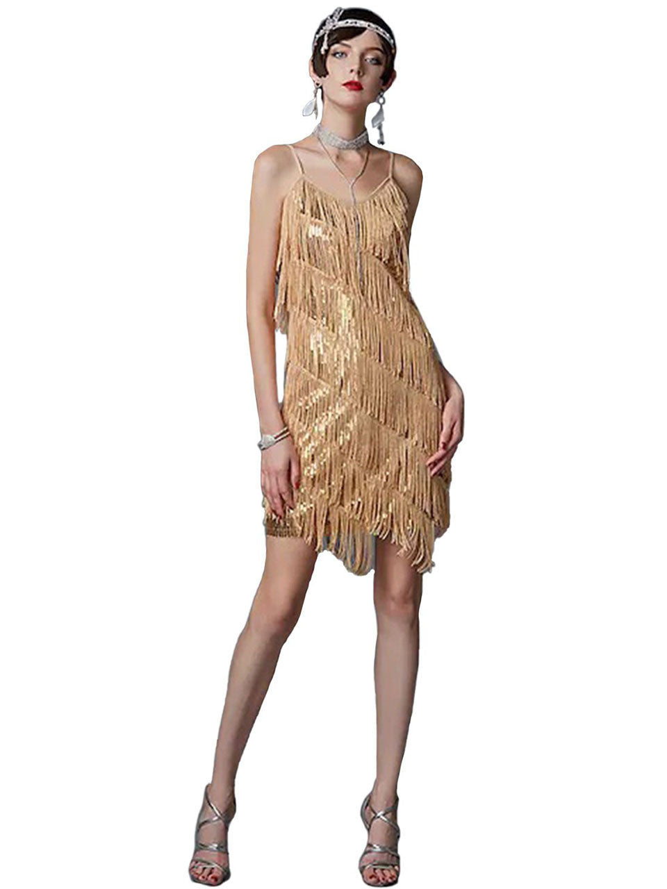 Spaghetti Straps White Fringed 1920s Great Gatsby Dress