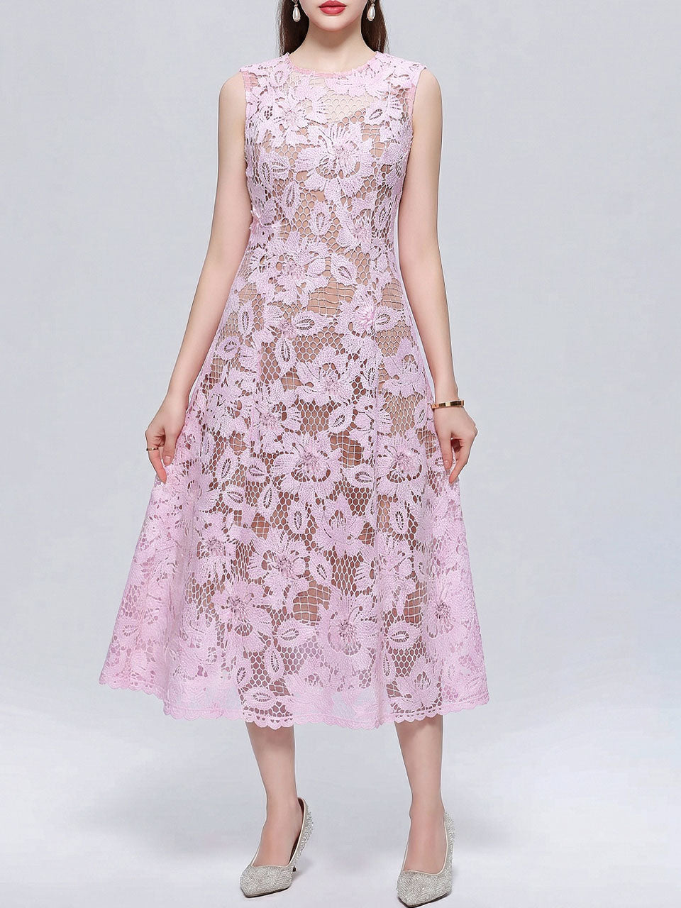 Baby Blue Floral Sheer Lace Sleeveless Cutout A-Line Midi Dress