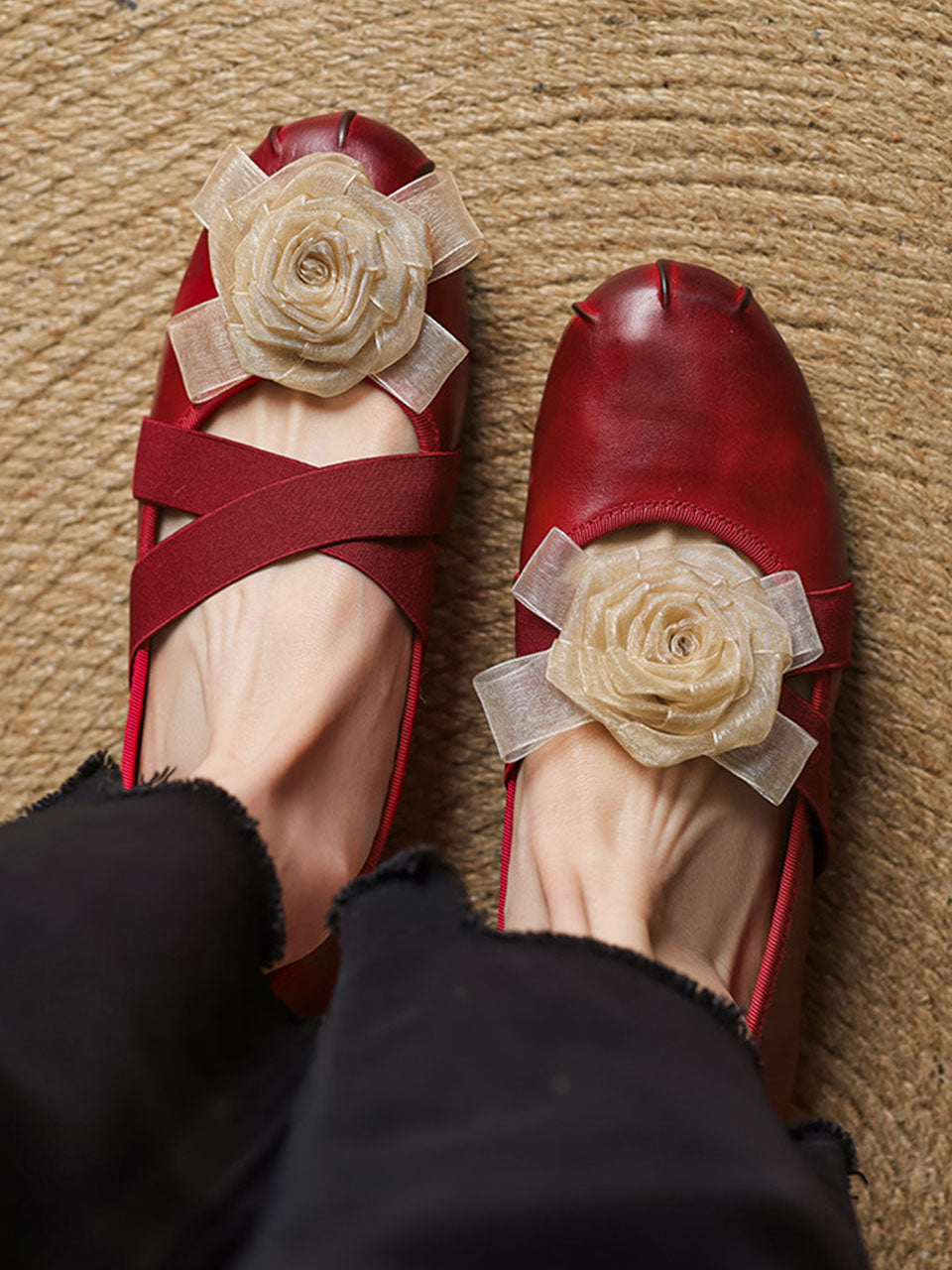 Purple Handmade Floral Washed Leather Cross Elastic Mary Jane Flat Heel Shoes