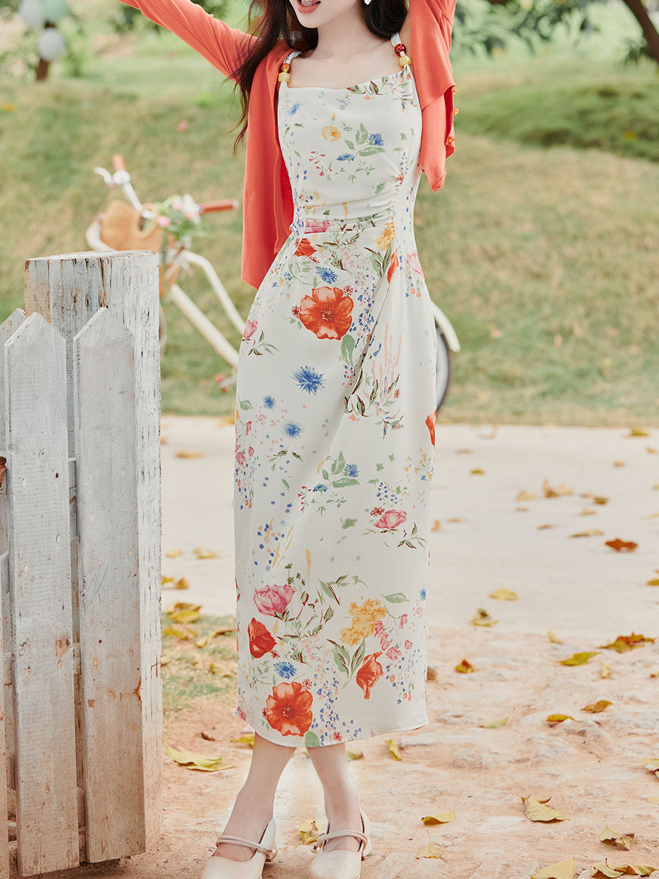 2PS White Floral Print Spaghetti Strap Dress