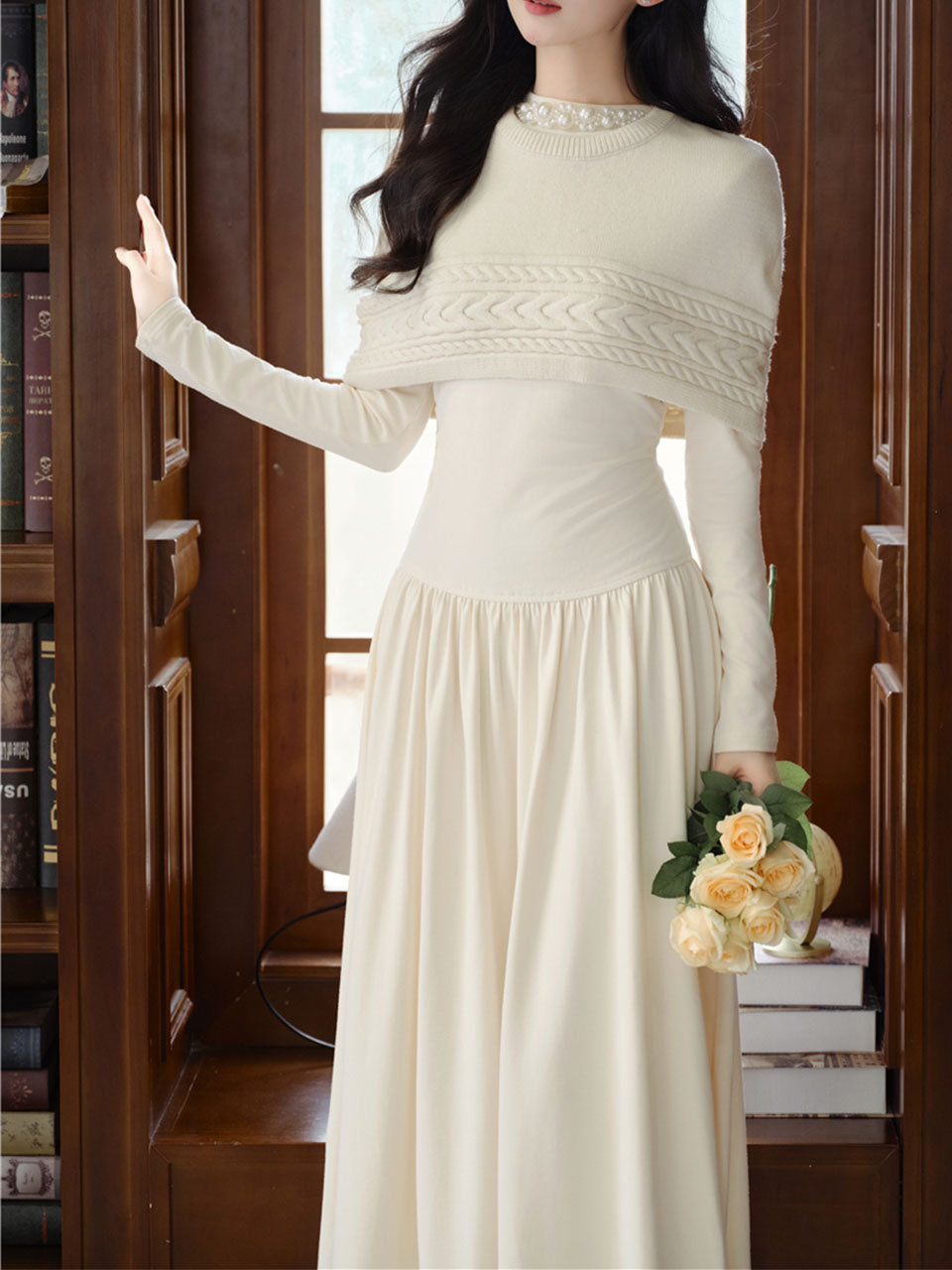 White Two-Piece Set Pearl Beaded Long Sleeve Dress