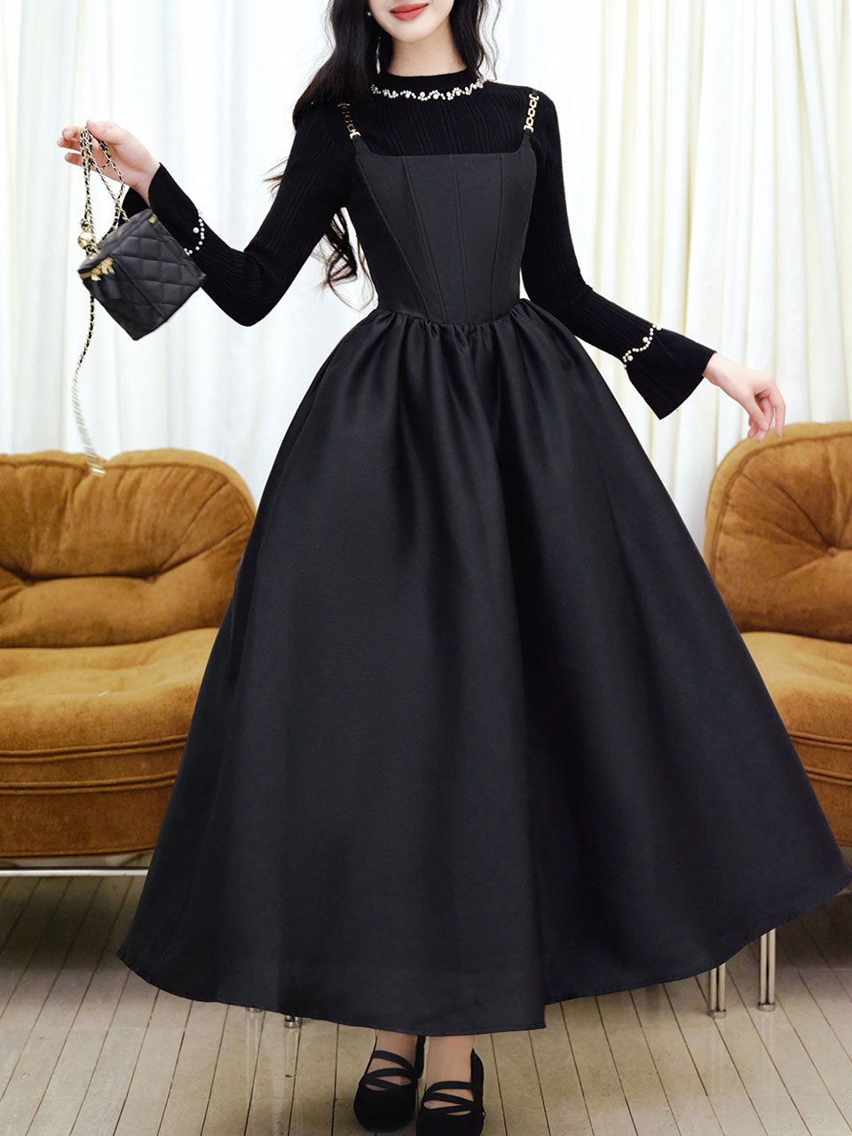 2 Piece Black Retro Suspender Dress