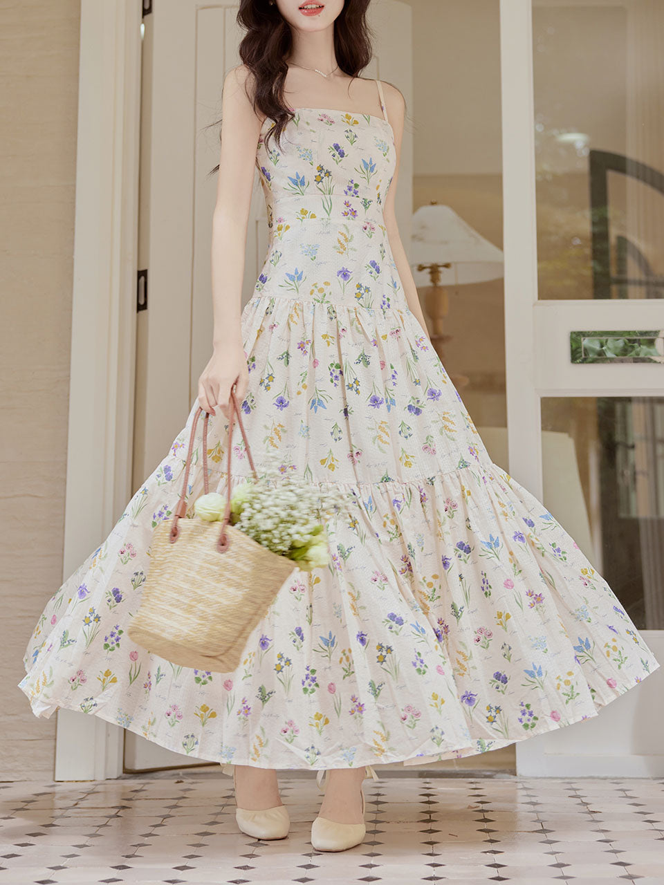 2PS White Floral Print Spaghetti Strap Dress