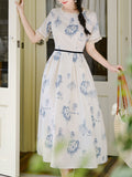 Retro Blue and White Porcelain Style Ballerina Graphic Dress Elegant Lace Flare Midi Dress for Picnic Vacation