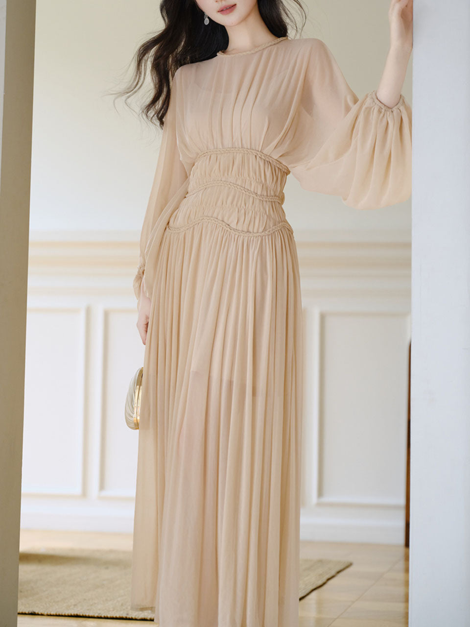 Nude Puff Long Sleeve Pleated Vintage Maxi Dress