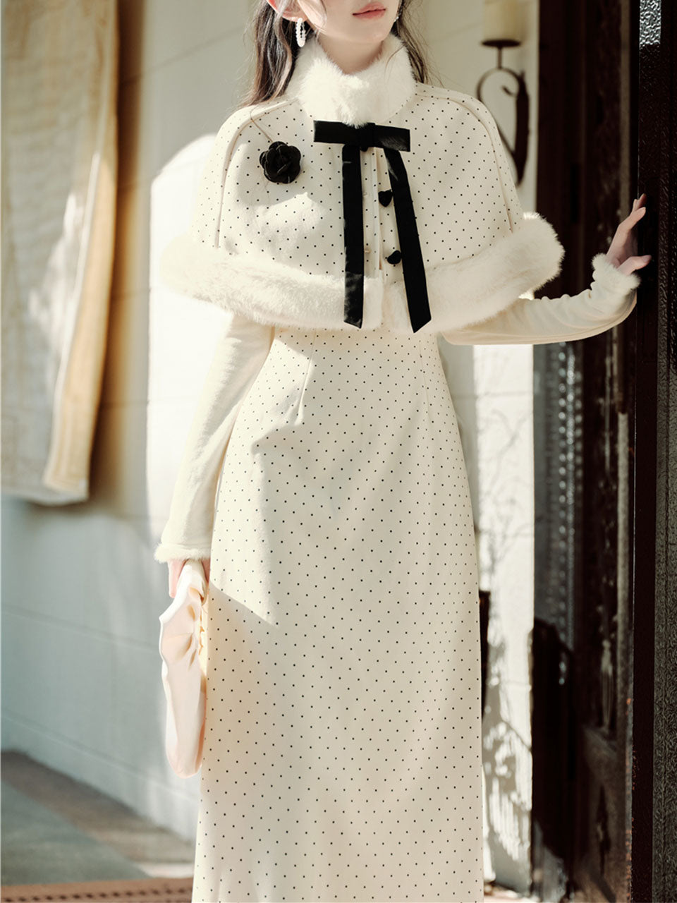 White Polka Dots Fluffy Cape Vintage Two-Piece Dress Set