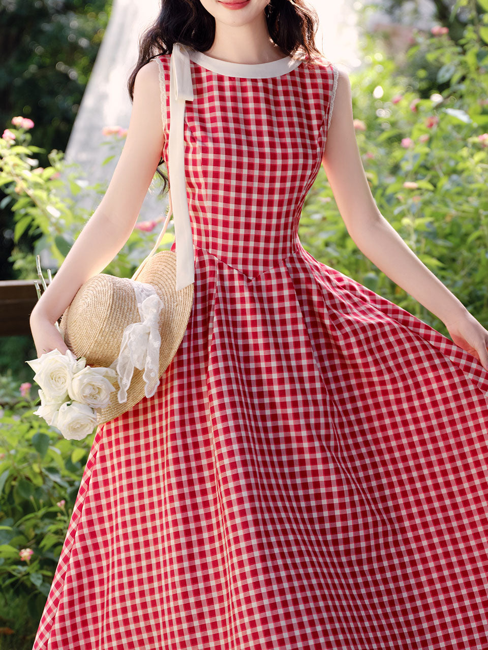 Red Plaid Print Sleeveless 1950S Vintage Dress