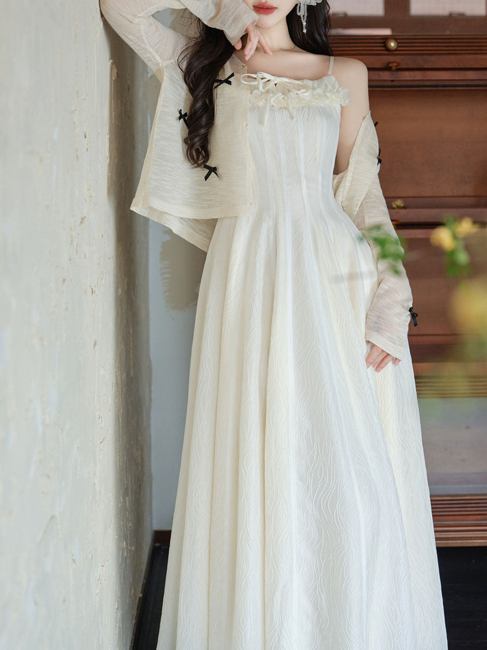 White Jacquard Acetate Sling Ruffle Wedding Maxi Dress and Bow Cardigan