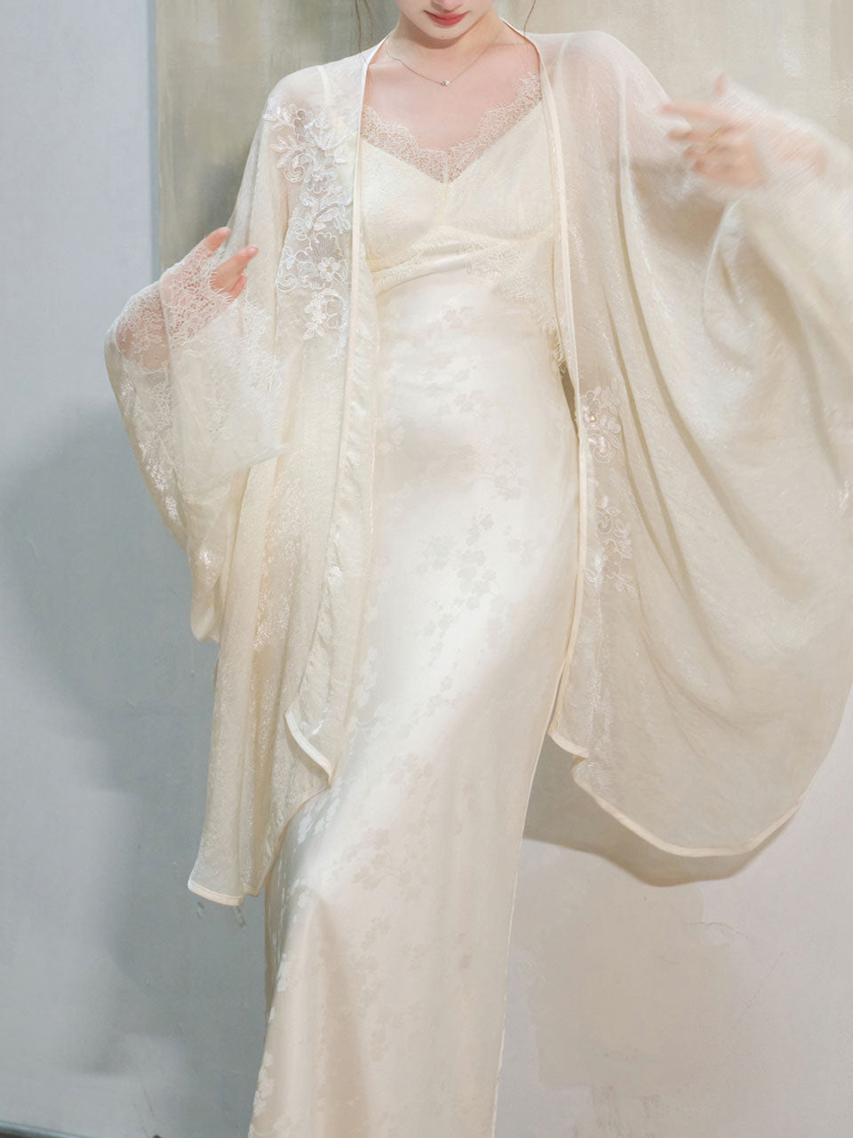 White Jacquard Acetate Sling Fishtail Wedding Maxi Dress and White Cardigan