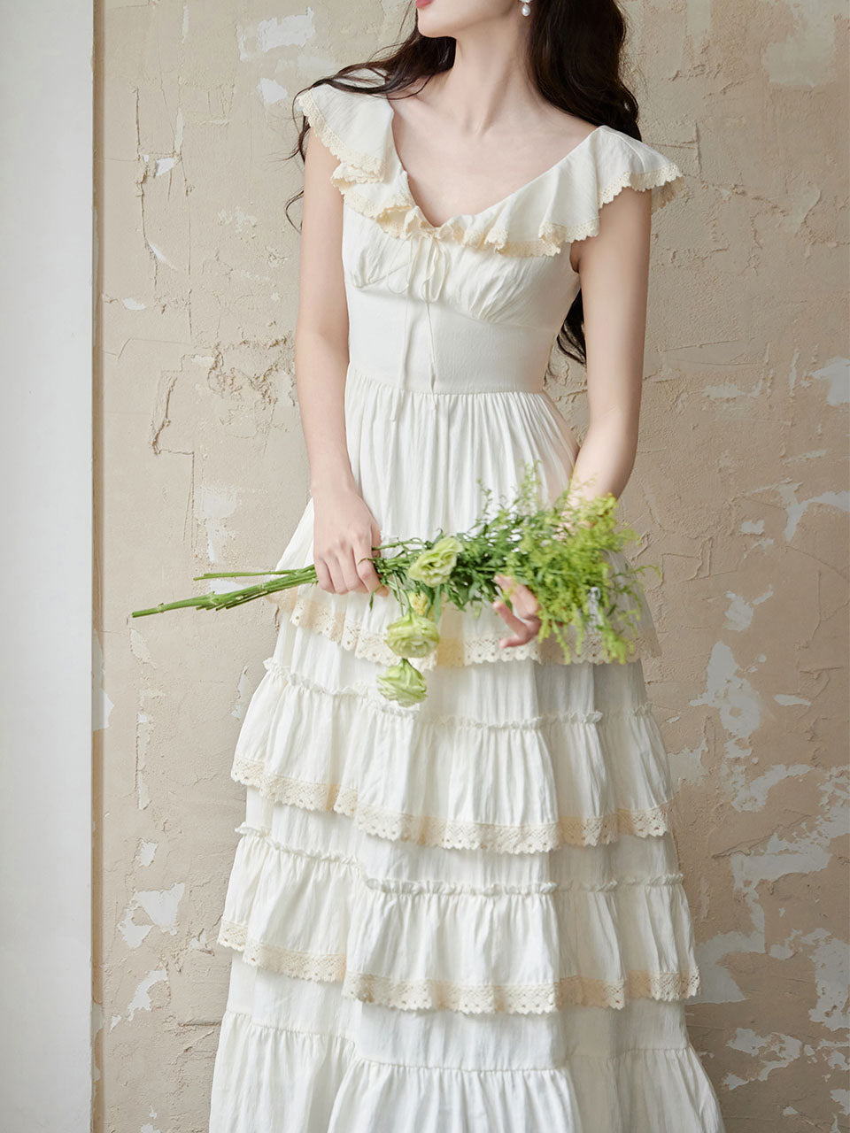 White Ruffles V Neck Layered Lace Maxi Vintage Dress