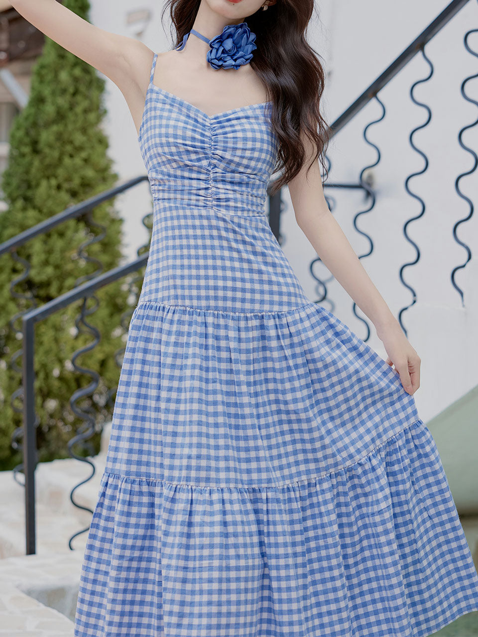 3PS Blue Plaid Spaghetti Strap Dress