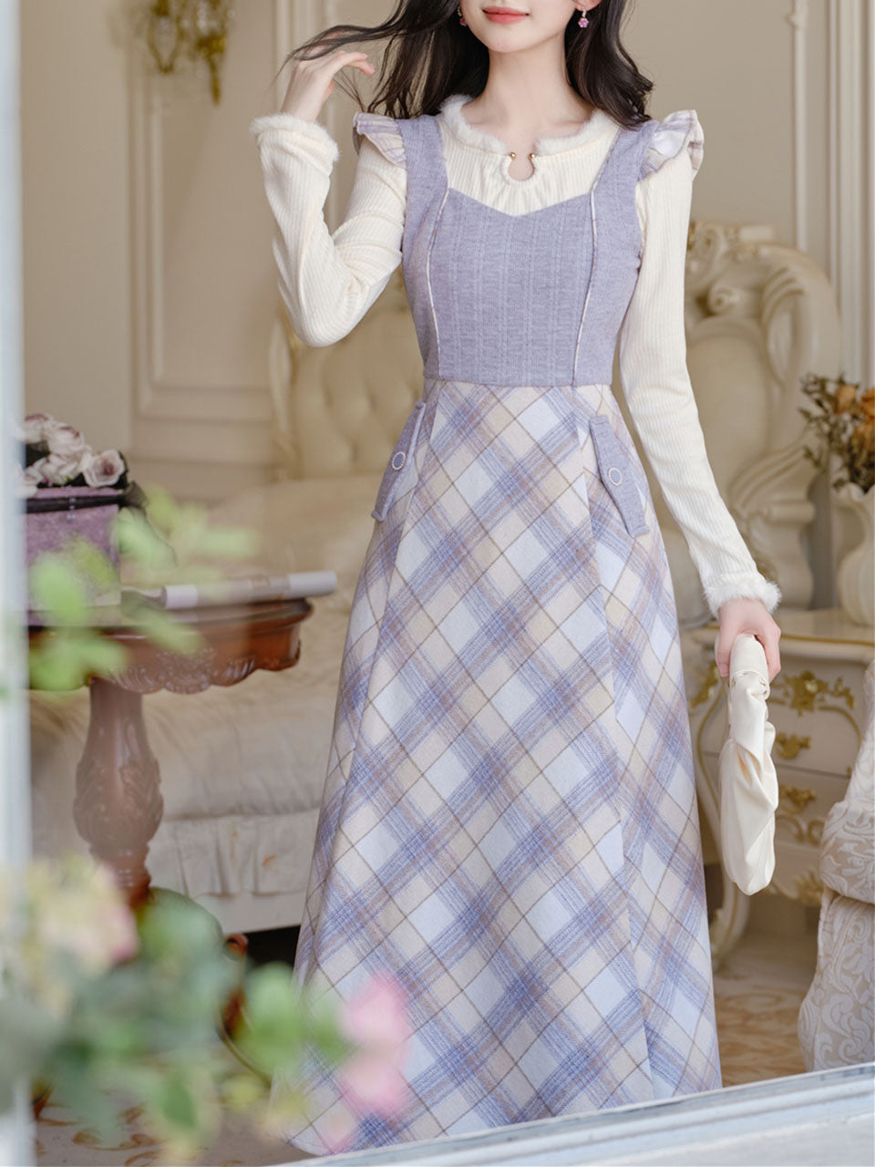 1950s Vintage White Sweater And Purple Plaid Dress Suit