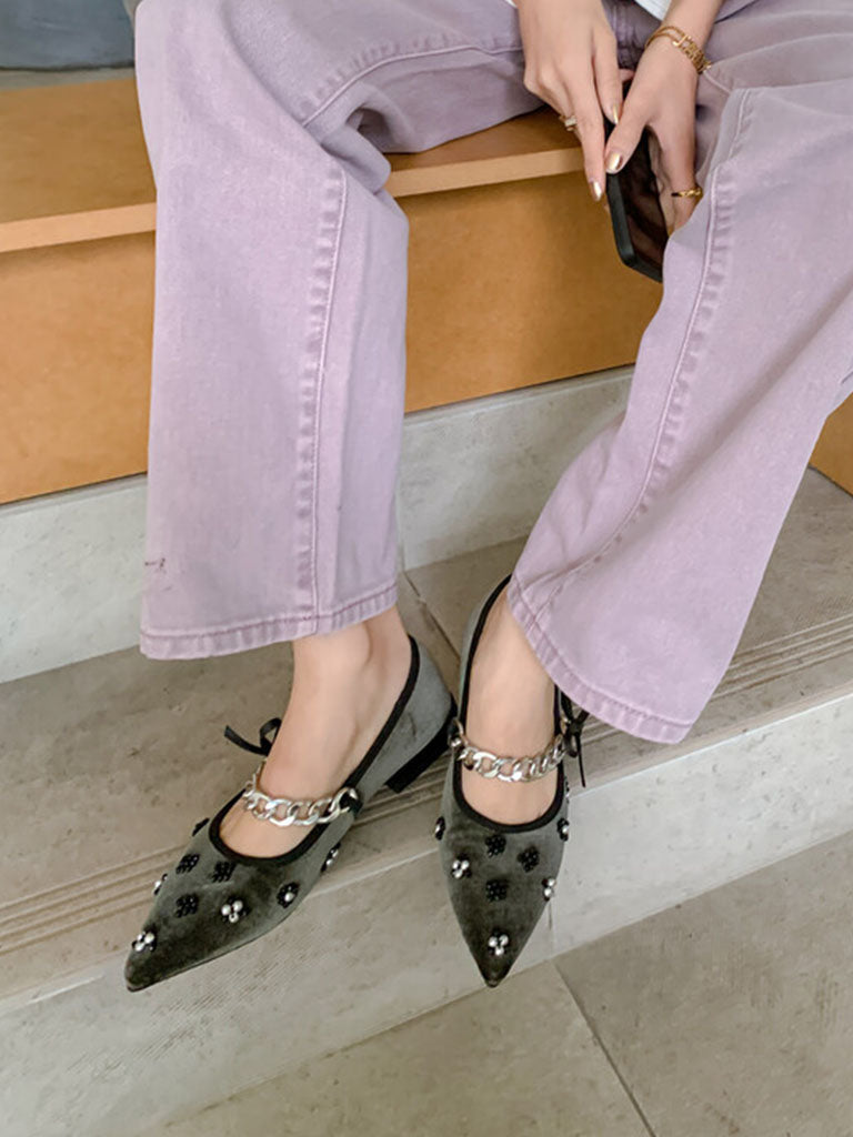 Flat Heel Pointed Toe Hollow Belt Velvet Pearl Vintage Shoes