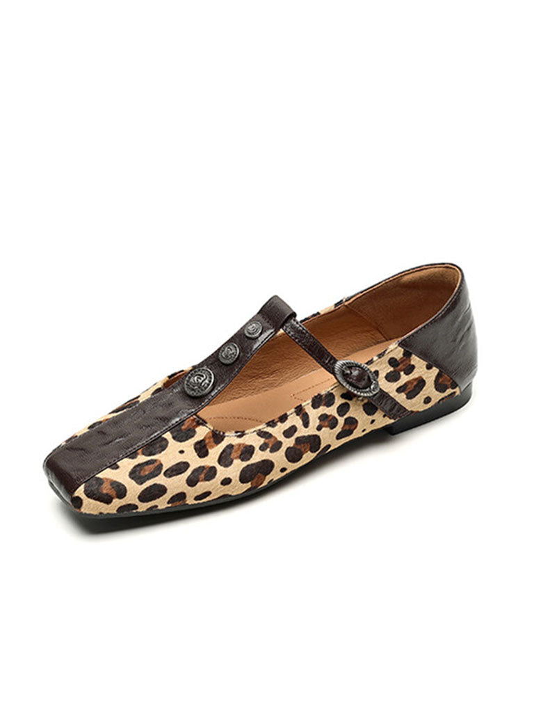 Flat Heel Leopard Square Toe T-strap Vintage Shoes