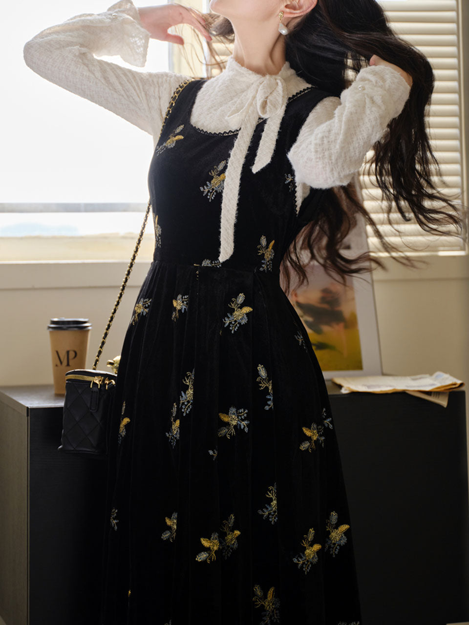 Two-Piece Set White Brushed-Lace Sweater and Black Floral Embroidered Velvet Dress