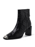 Ankle Boots Black Zip Back Square Toe Chunky Heel Ankle Boots
