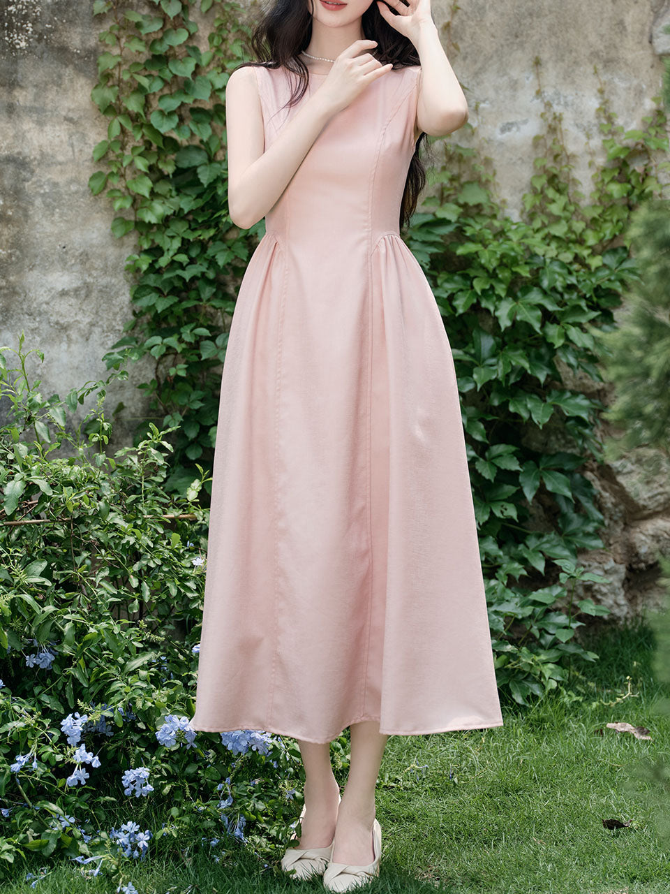 Pink Crew Neck Audrey Hepburn Inspired Vintage Dress