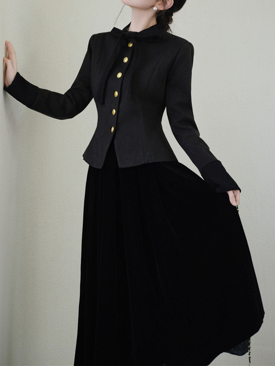 Black Bowknot Collar Gold Buttons Winter Coat and Black Skirt Vintage Set