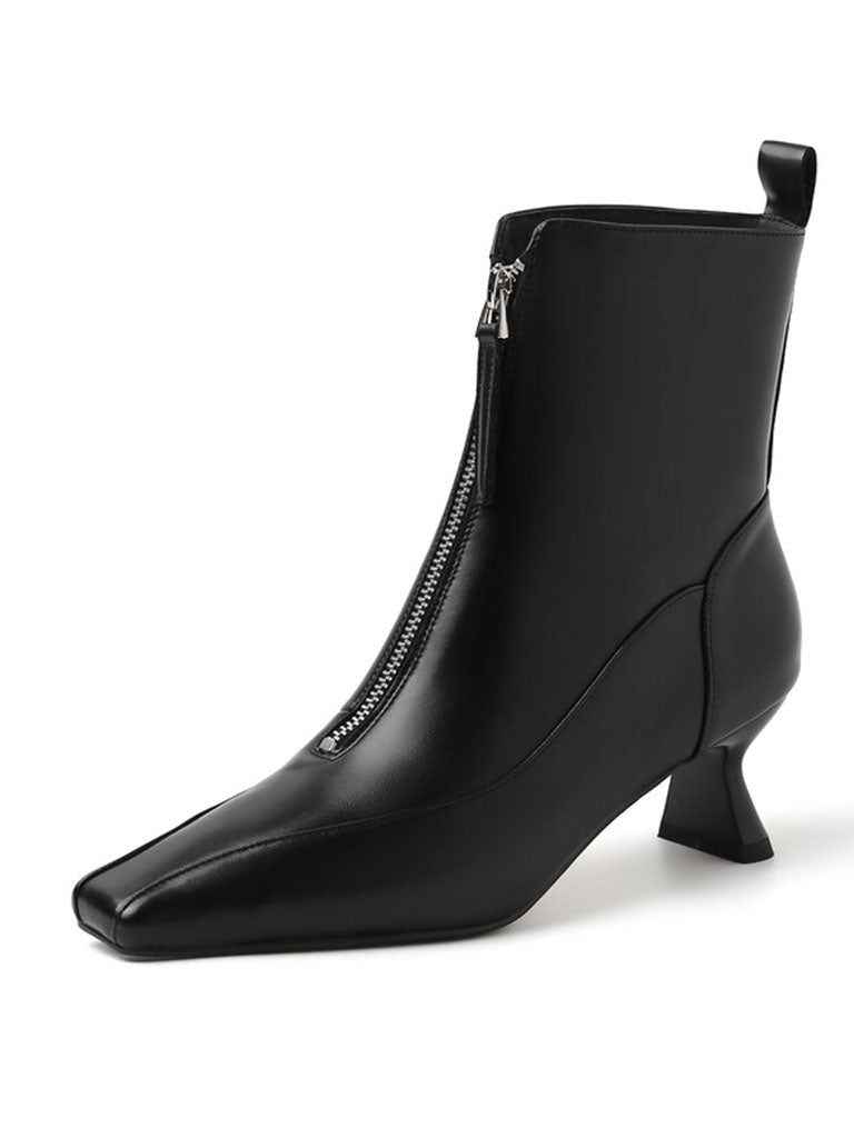 Ankle Boots Black Zip Front Square Toe Kitten Heel Ankle Boots