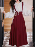 2PS White Long Sleeve Blouse And Red Supender Skirt Dress Set