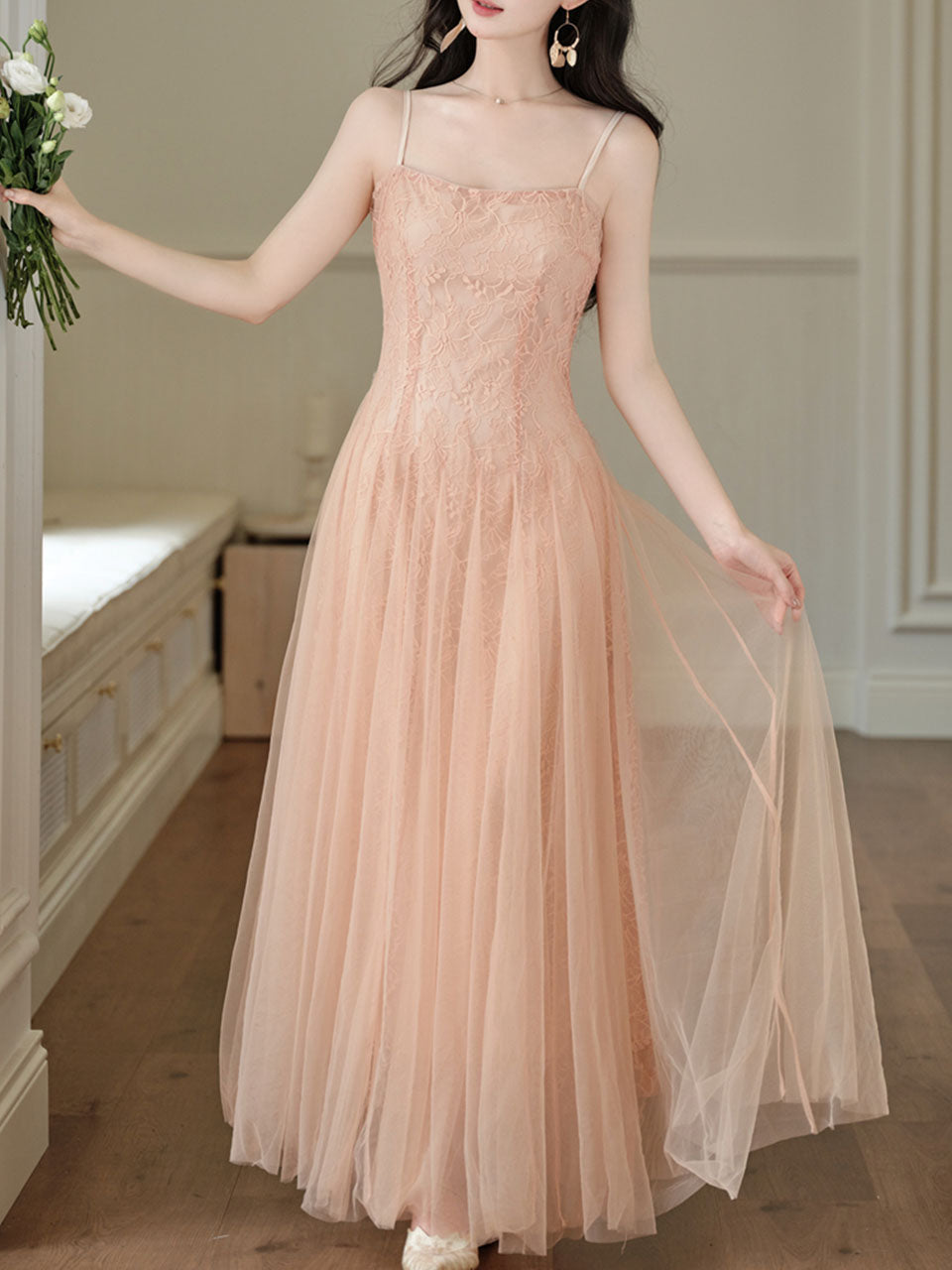 Balletcore Style Pink Mesh Flared Spaghetti Strap Maxi Dress