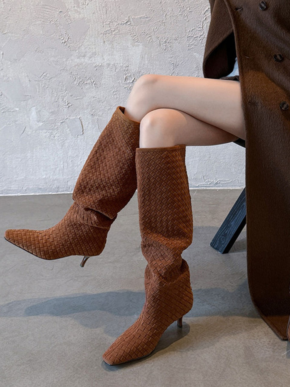 Suede Knit High Heel Knee High Boots Vintage Shoes