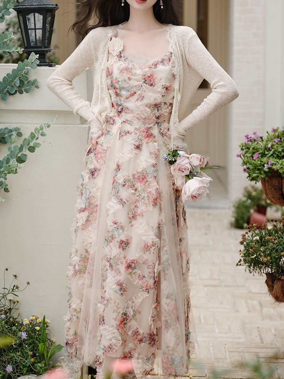 2PS Pink Spaghetti Strap Floral Mesh Ruffles Fairycore Dress