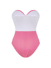 Pink and White Vertical Striped Bandeau One-Piece Swimsuit