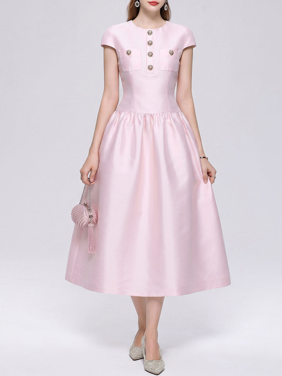 Fuchsia Satin Cap Sleeve Cocktail Midi Dress