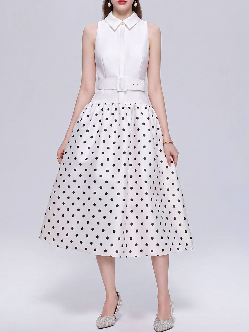 White Polka Dot Sleeveless Shirt Dress