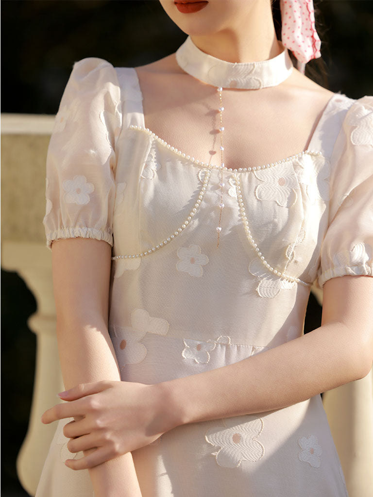 White Daisy Pearl Puff Sleeves 50S Vintage Dress