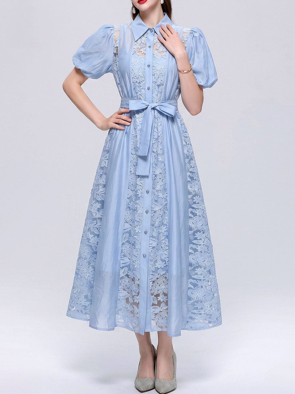 Pink Floral Lace Puff Short Sleeves A-Line Midi  Shirt Dress