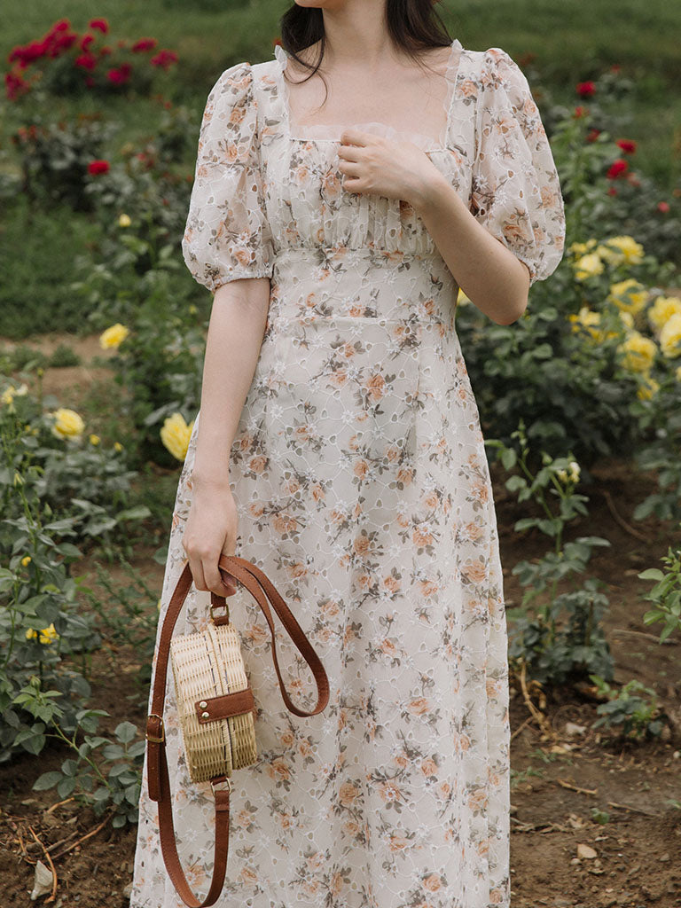 Floral Embroidered Lace Puffed Sleeve Chiffion Vintage Dress
