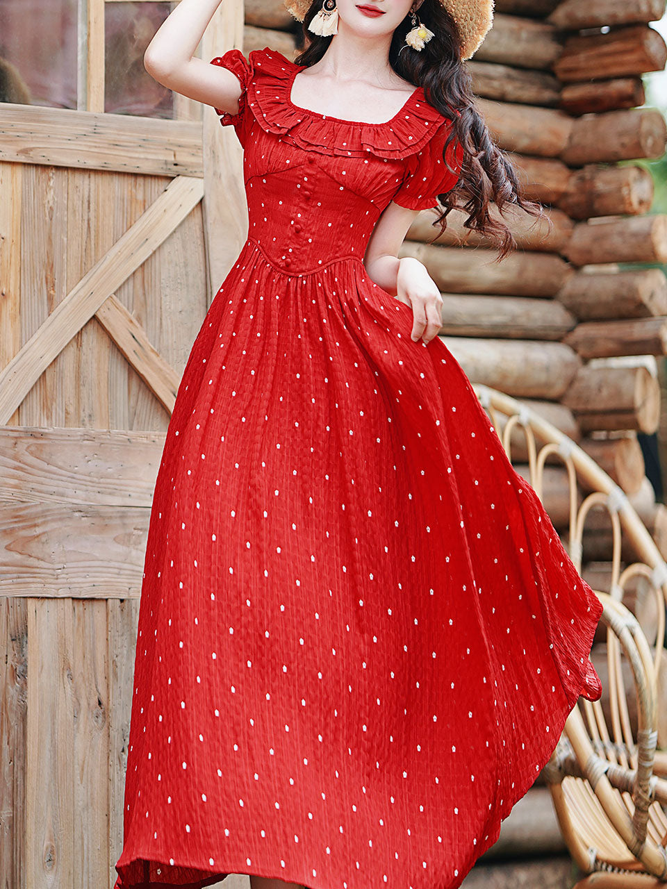 1950S Vintage Red Polka Dots Square Collar Swing Dress
