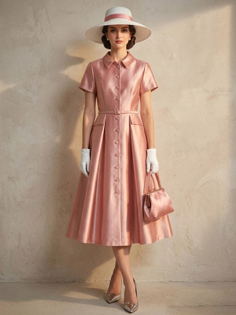 1940S Classic Shirt Collar Vintage Short Sleeve Stain Dress