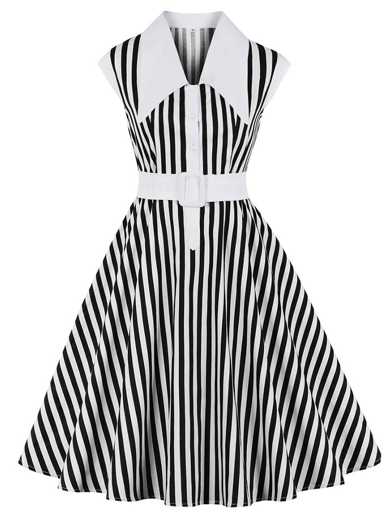 Beetlejuice Costume Black and White Vertical Stripe Swing Dress