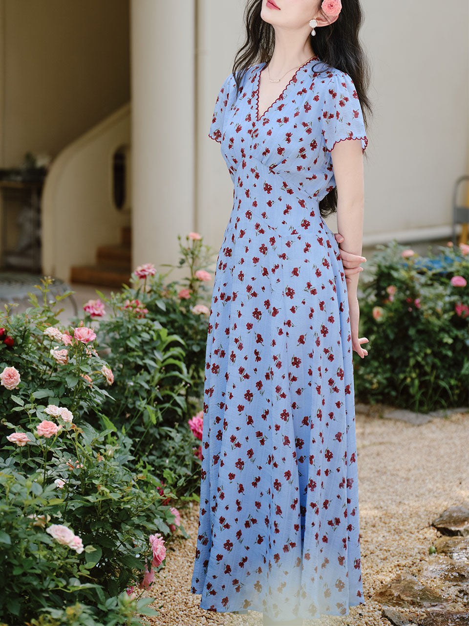 Blue V Neck Floral Print Vintage Dress