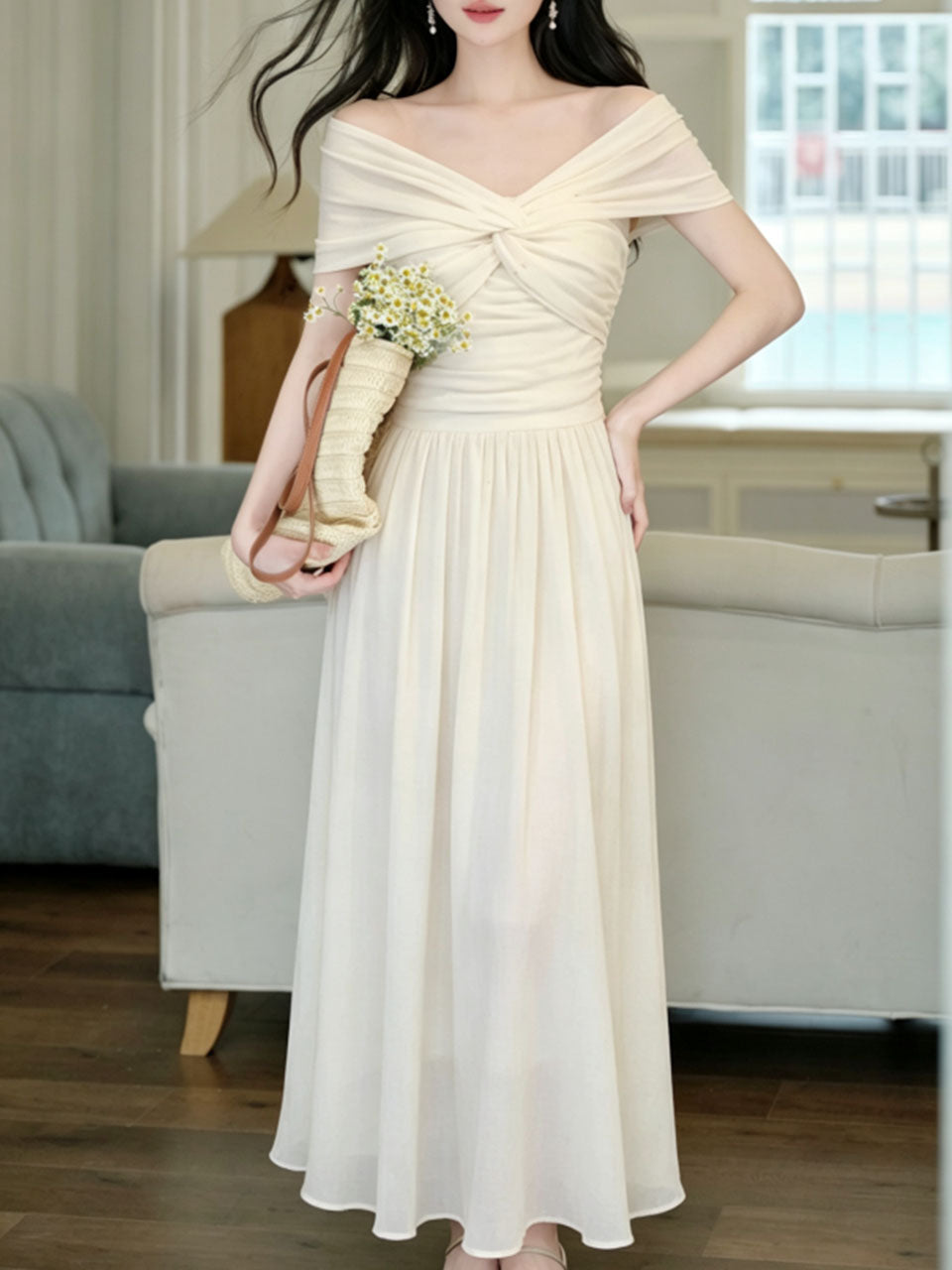 White Off Shoulder Sweetheart Vintage Wedding Maxi Dress