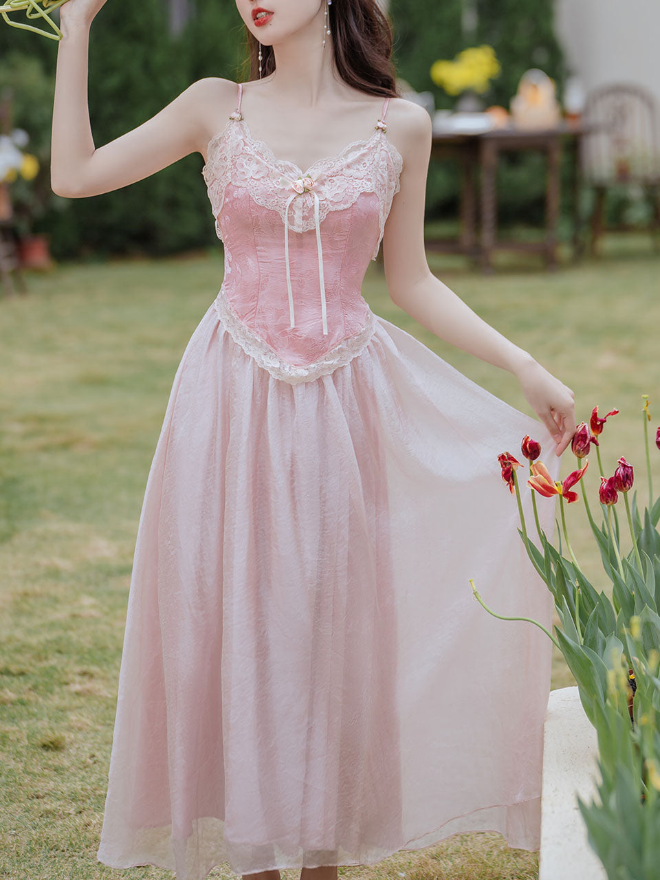 2PS Pink Lace Spaghetti Strap 1950S Swing Victoria's Fairy Dress