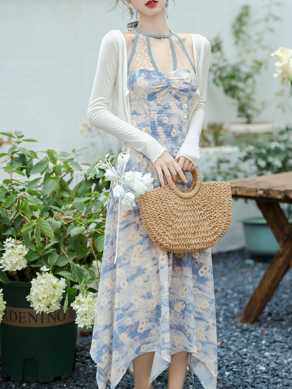2PS Blue Daisy Floral Print Halter Neck Dress