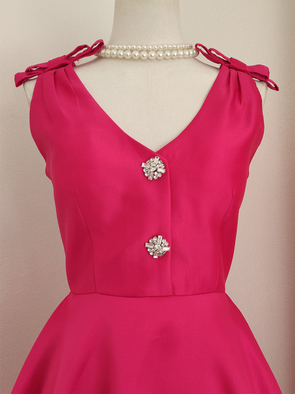 Rose Luxury Button V Neck High Waist Swing Party Dress