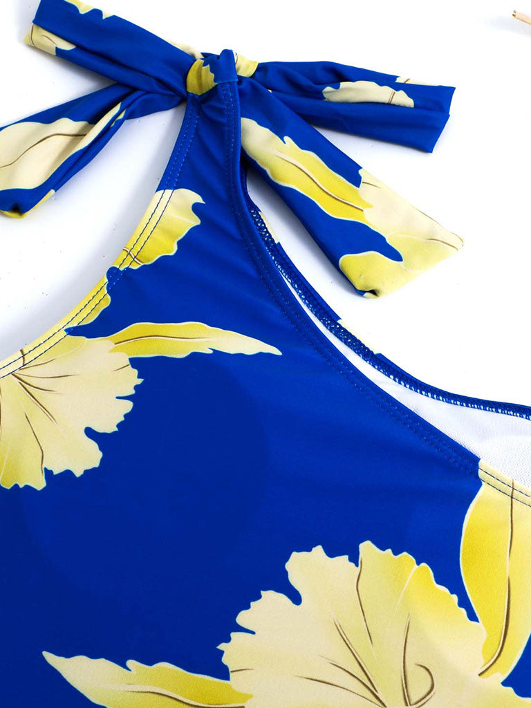 Blue Floral Print Ruffles One Shoulder Bodysuit