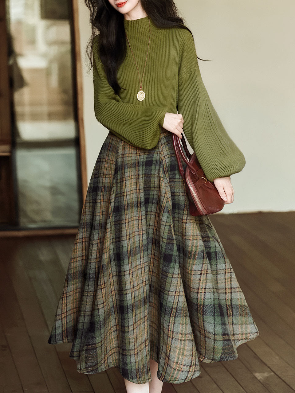 2PS Green Sweater And Plaid Swing Skirt 1950S Vintage Audrey Hepburn's Style Outfits