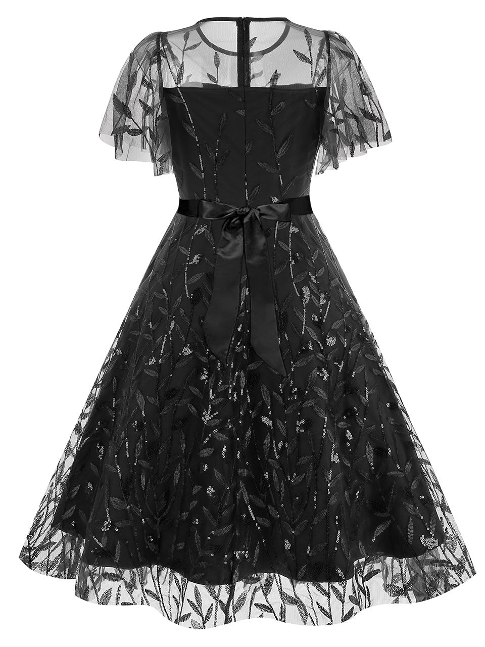 Baby Grey Semi Mesh Leaf Sequins Embroidered Short Sleeve 1950S Swing Dress