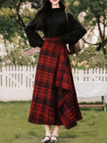2PS Black Sweater And Red Plaid Swing Skirt 1950S Vintage Audrey Hepburn's Style Outfits