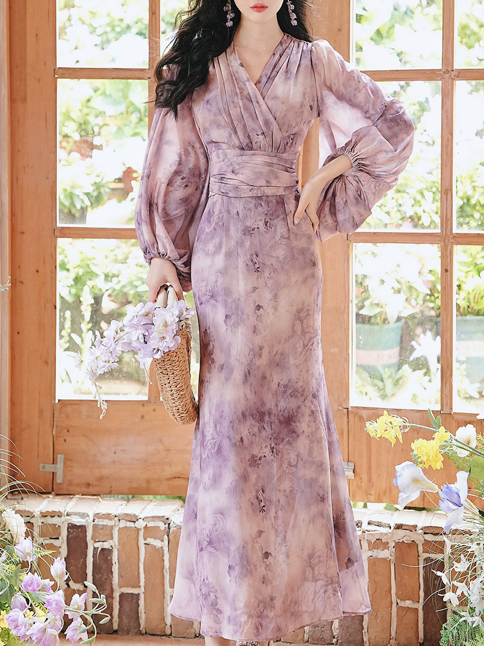 Purple Printed V-Neck Lantern Sleeve Mermaid Dress