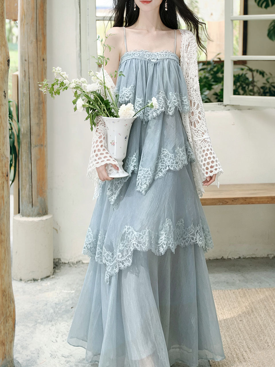 Blue Lace Spaghetti Strap Irregular Tiered Maxi Dress
