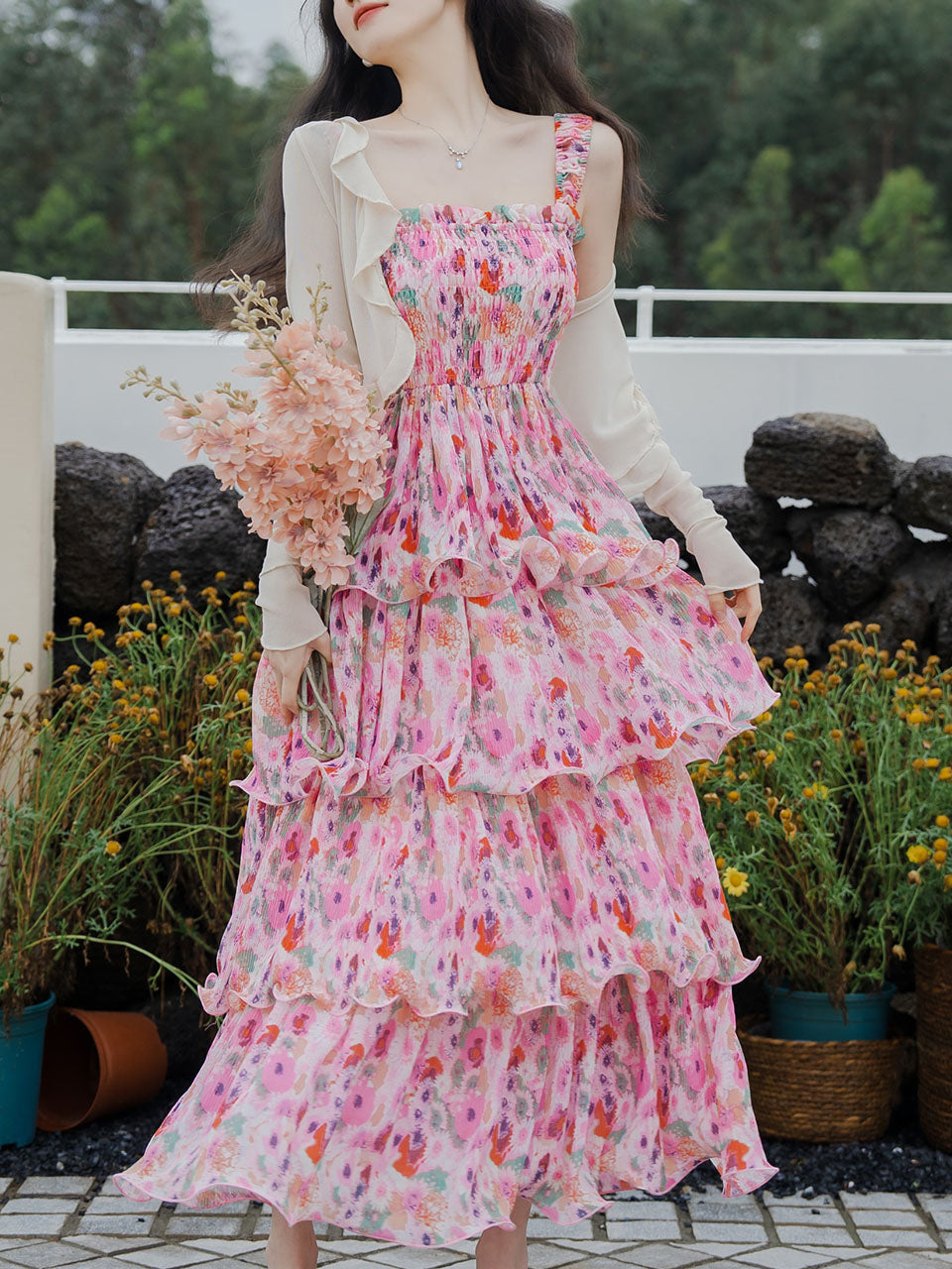 2PS Pink Floral Print Ruffles Strap Dress