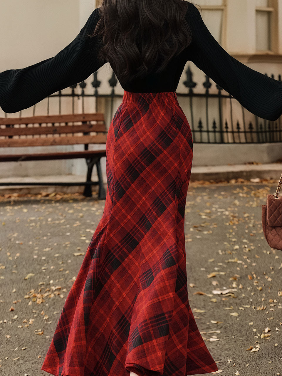 2PS Black Sweater And Red Plaid Fishtail Skirt 1950S Vintage Audrey Hepburn's Style Outfits